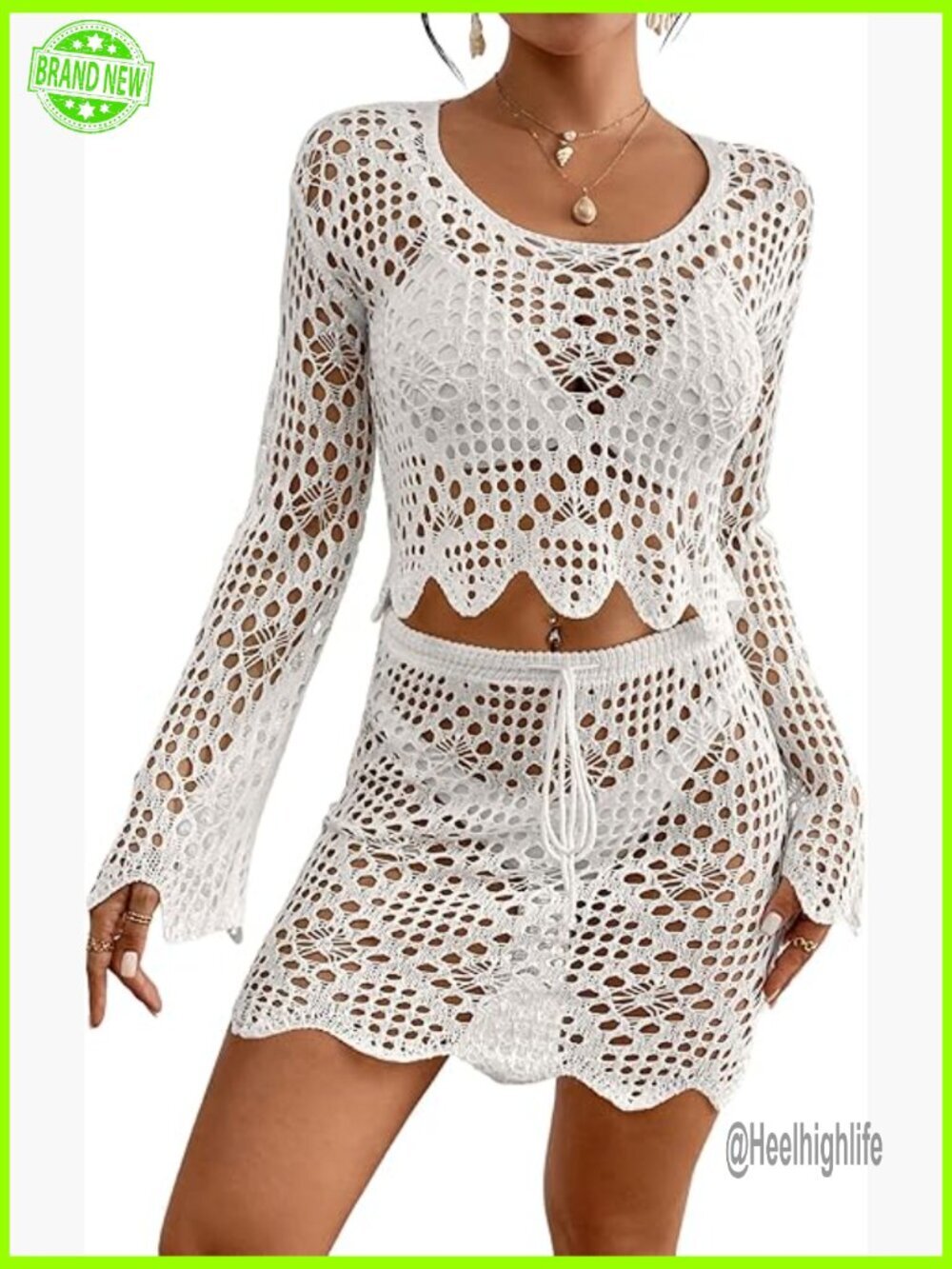 Crochet Two Piece Cover Up Set Hollow Out Knit Skirt Beach Outfit